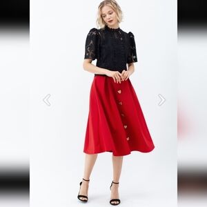 Chicwish Red Heart Shape Button Embellished A-Line Midi Skirt Size S  Romantic